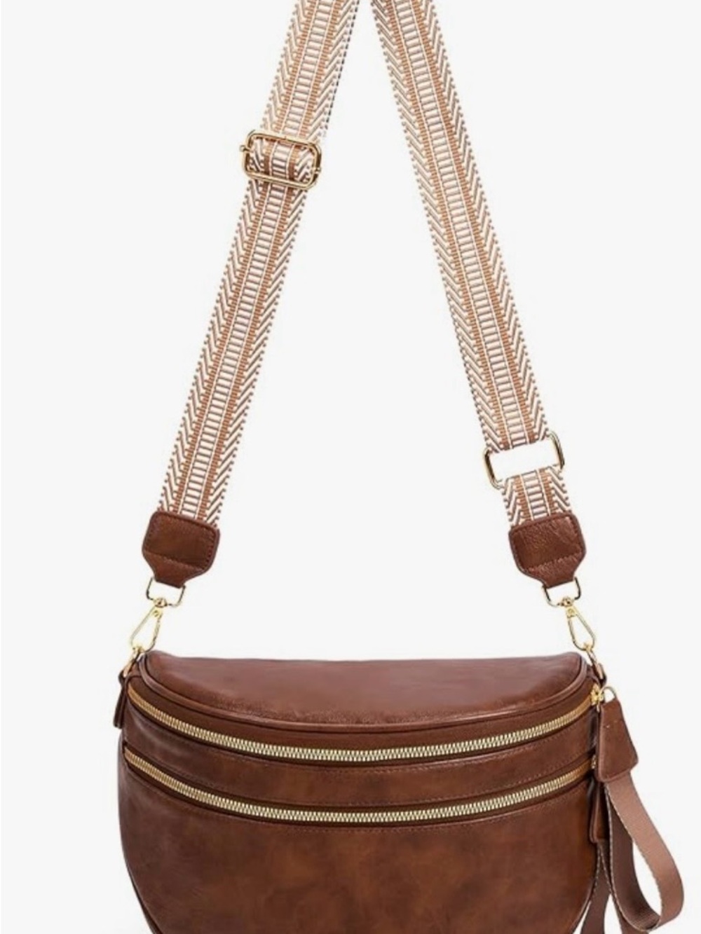 Brown Leather Crossbody Bag with Patterned Adjustable Strap